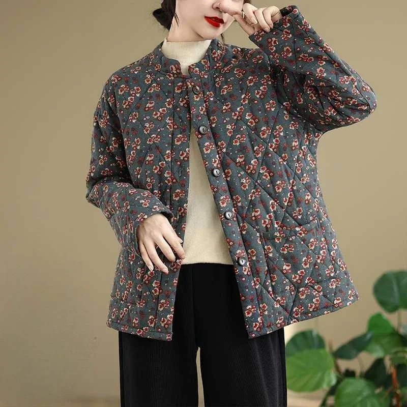 

Women's Parkas Retro Floral Big Pockets Stand Collar Single Breasted Warm Coat Winter Casual Loose Coat Commute Women Clothing