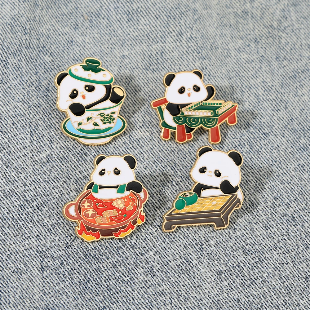 Funny Playing Mahjong and GO Panda Enamel Pins Cute Hot Pot Tea Design Panda Golden Brooches