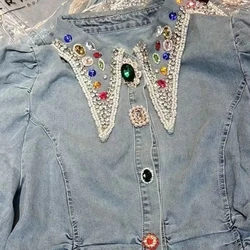 Chic Rainbow Rhinestone Beaded Denim Blouses Spring Crystal Buttons Sequined Shirts Lantern Sleeve Jeans Jacket Cardigan Blusas