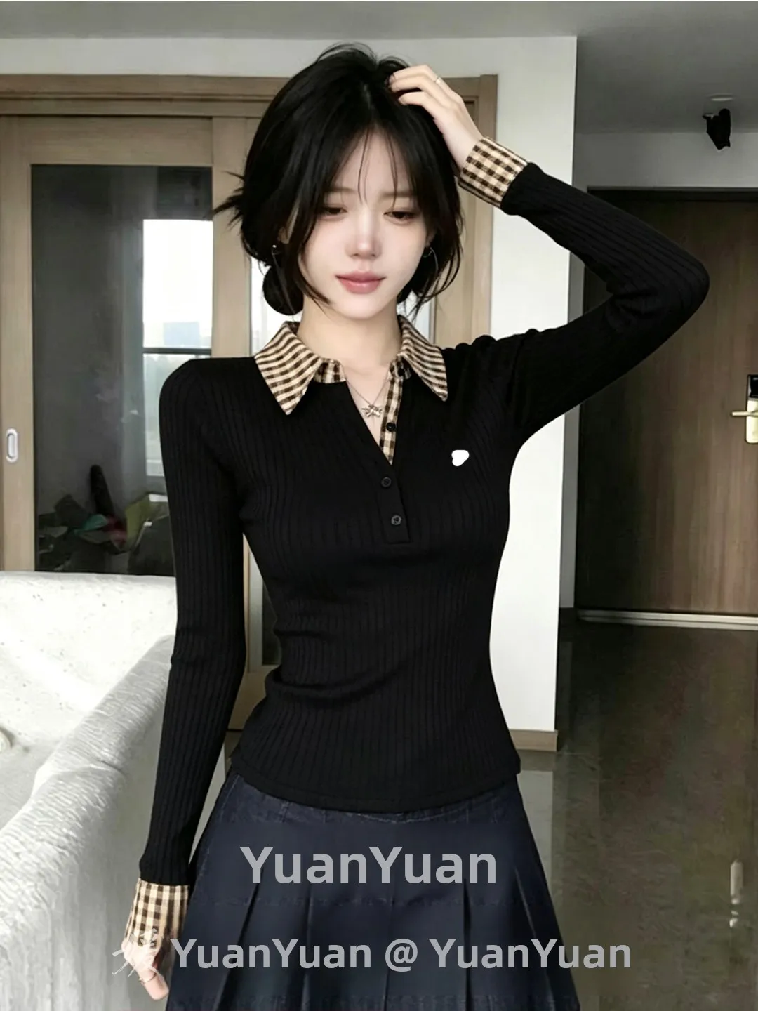Slim Fit  Neck T-Shirt Plaid False Two-Piece Long Sleeve Autumn New Style Sexy Girl Inner Wear Top Breathable Skin-Friendly
