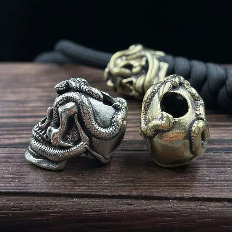 Double Snake Skull Head Brass Knife Bead EDC Outdoor DIY Paracord Accessories Woven Lanyard Pendant Jewelry Punk Bracelet Charms