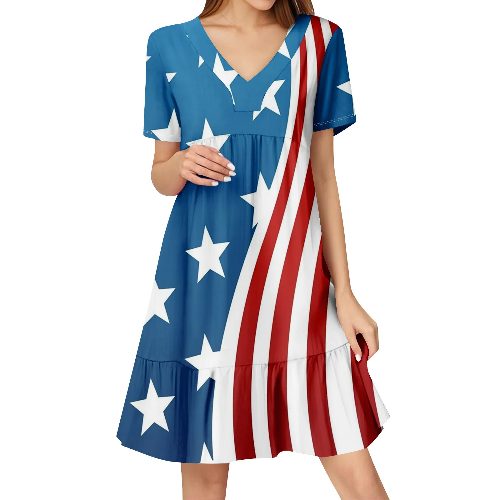 Womens Summer Dress Short Sleeve V Neck Short Dresses Fashion Casual Flowy Boho Ruffle A Line Swing Sundress Summer Dresses