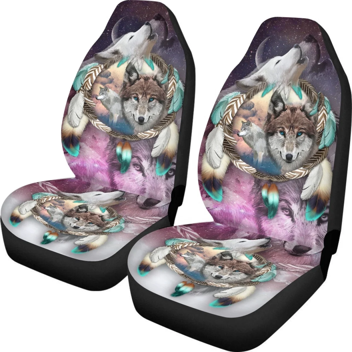 Gradient Dream Catcher Snow Wolf Pattern Car Seat Covers Set Unisex Dirt Resistant Standard Stretch Fabrics Vehicle Protector