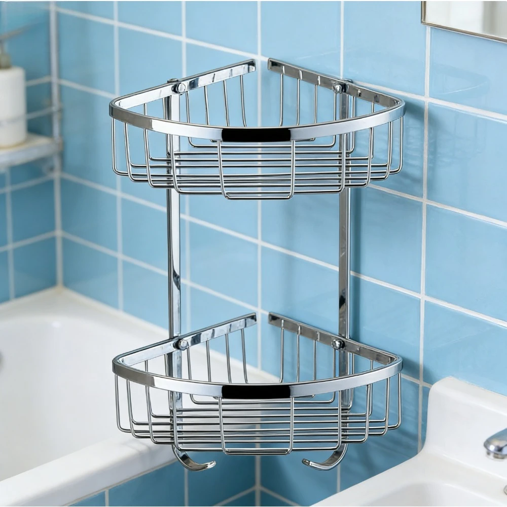 ステンレス製の三角形バスルームバスケット、シンプルな黒とグレーの三脚、バスルームコーナーの省スペース収納ラック