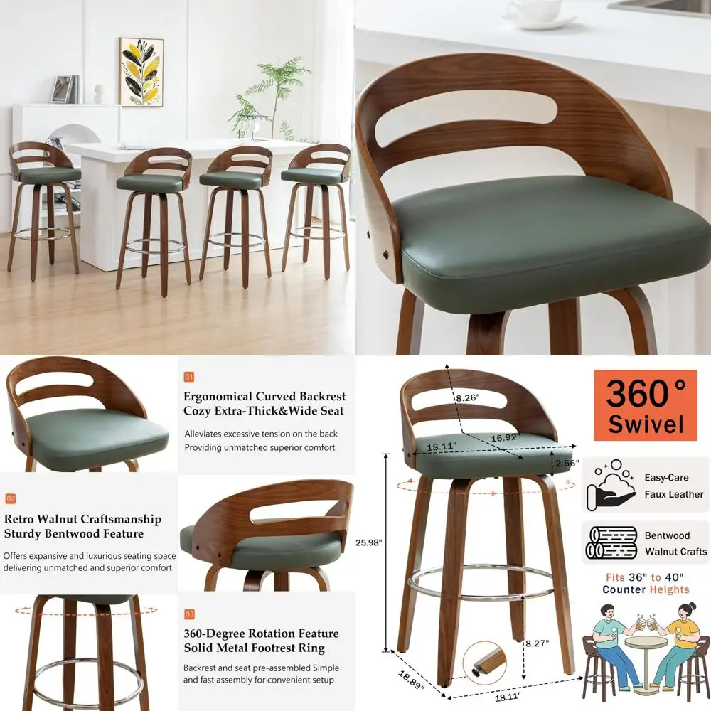 Counter Stools Set of 4, Counter Height Bar Stools with Walnut Crafts, Bentwood Curved Back, Upholstered Faux Leather, Soft Cush