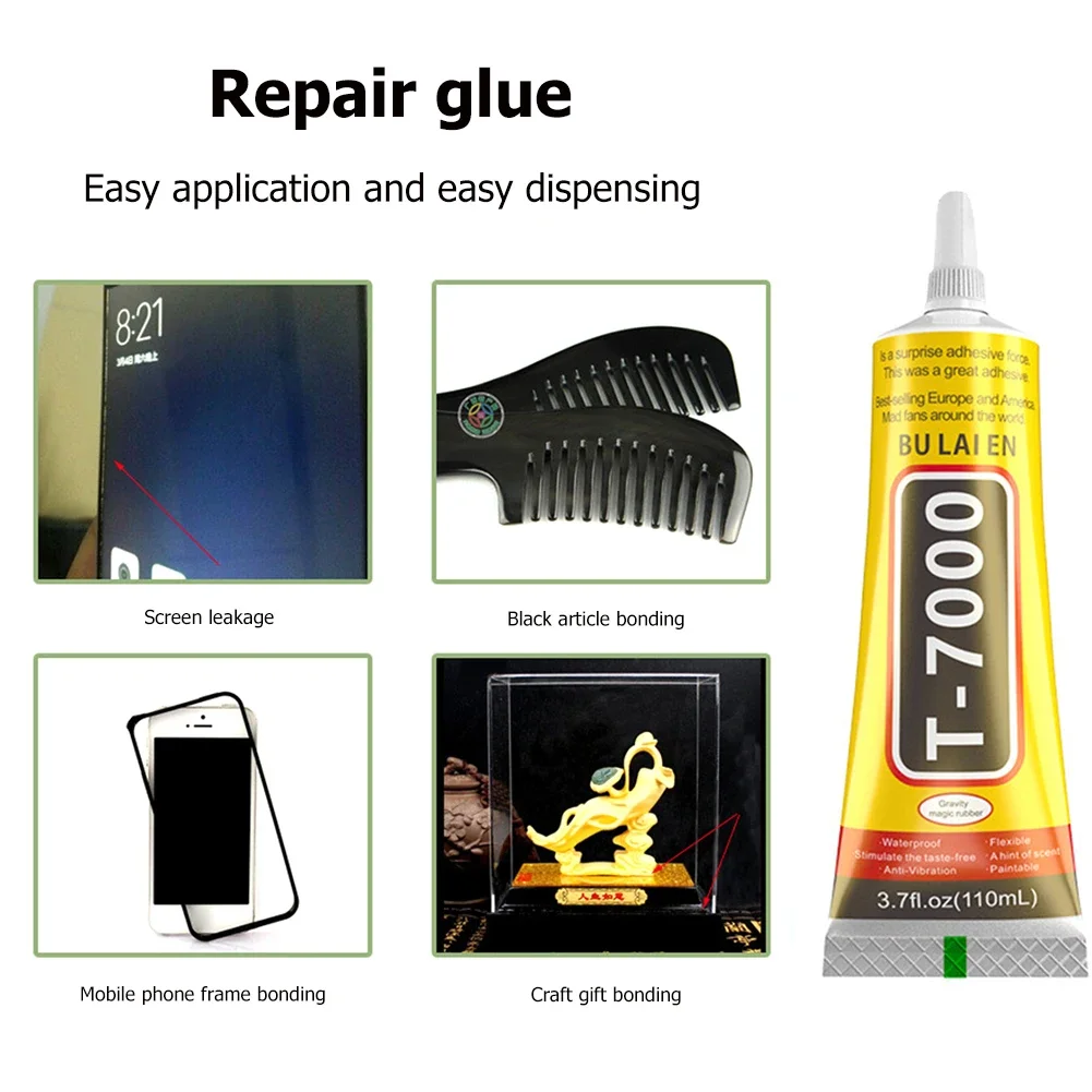 Pegamento negro T7000 de 15/25/50/110ML para pantalla de teléfono móvil, adhesivo de reparación DIY con punta aplicadora de precisión, reparación de pantalla LCD