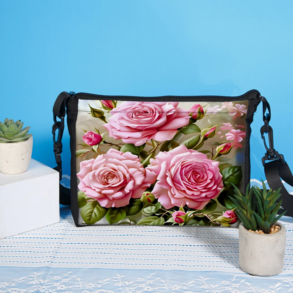 1pc Floral Rose Print Crossbody Bag Pink Roses Pattern Shoulder Bags For Women Casual Daily Use Travel Shopping Fashion Accessor