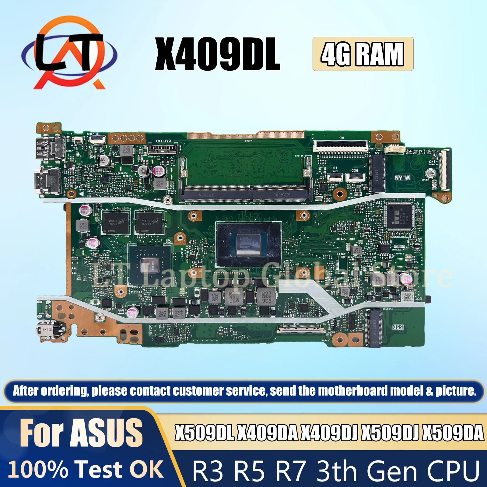 X409DL Laptop Motherboard For ASUS X509DL X409DA X409DJ X509DJ X509DA Mainboard with R3 R5 R7 3th CPU 4G-RAM