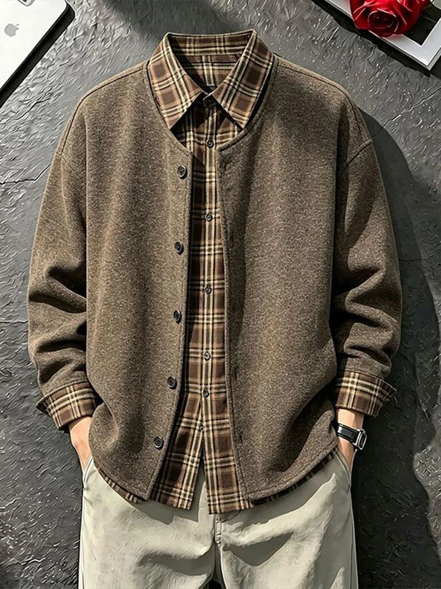 Preppy Plaid Shirt Collar Sweatshirt Men's Autumn Cleanfit Top High Quality Handsome Open Cardigan Outerwear Casual Style