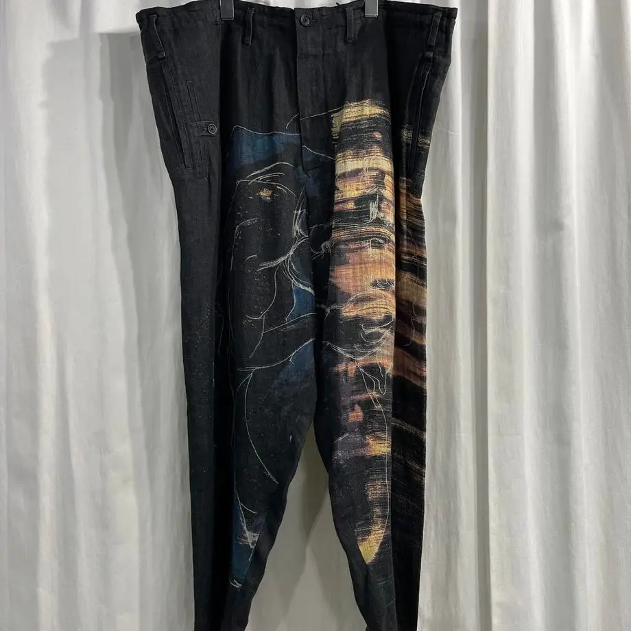 TOP-YAMAMOTO ® Black Printed Wide Leg Pants Men's Pure Cotton Casual Pants High Street Style Asymmetric Design