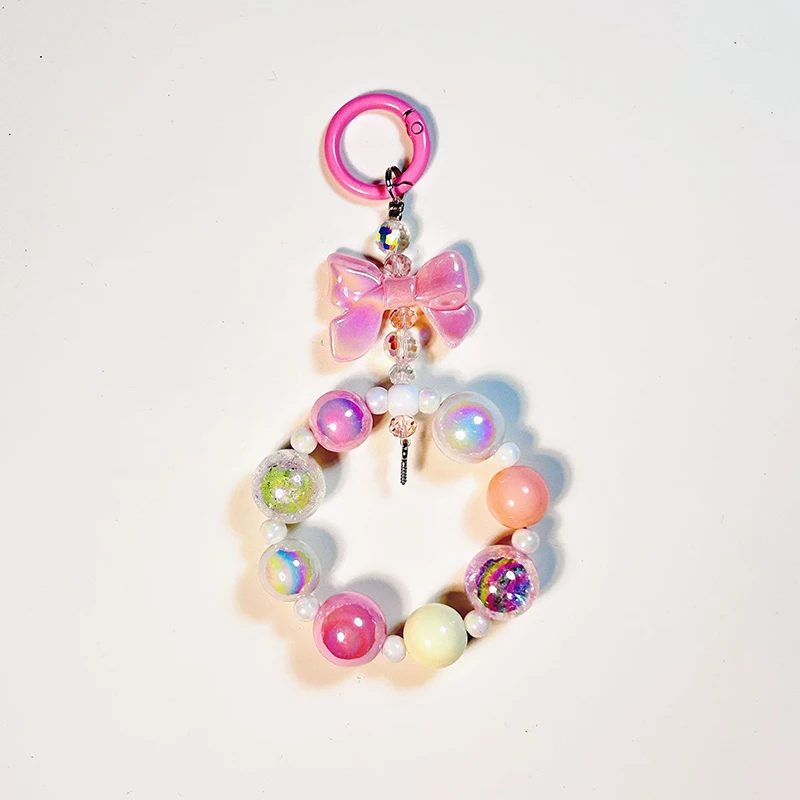 Cute Bowknot Phone Chain Keychain Pendant Acrylic Pearl Beaded Phone Chain Bag Charms Anti-lost Wristband For Women Girls Gift