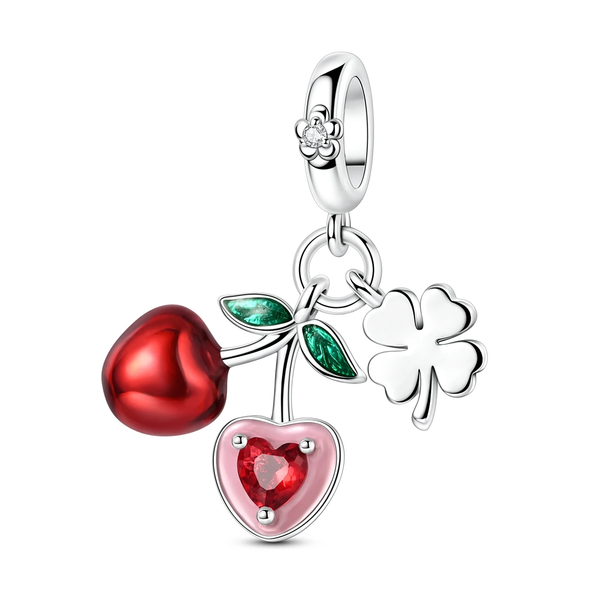 

925 Sterling Silver Cherry Clover Charms Red CZ Green Enamel Heart Dangle Bead Fit Bracelets Necklace Women Mother's Day Jewelry