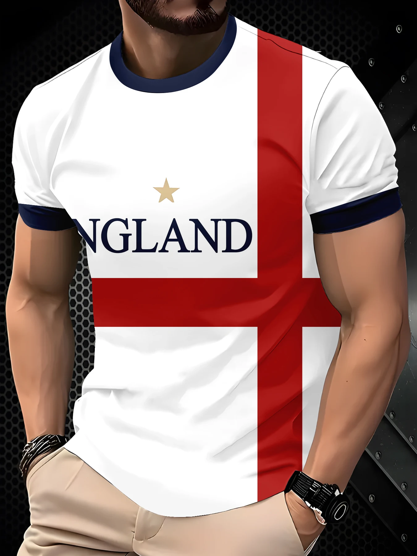 Men Daily Vacation Short Sleeve Tee, Sport Graphic T-Shirt with White Base Red Cross Golden Star Letter Navy Trim Pattern