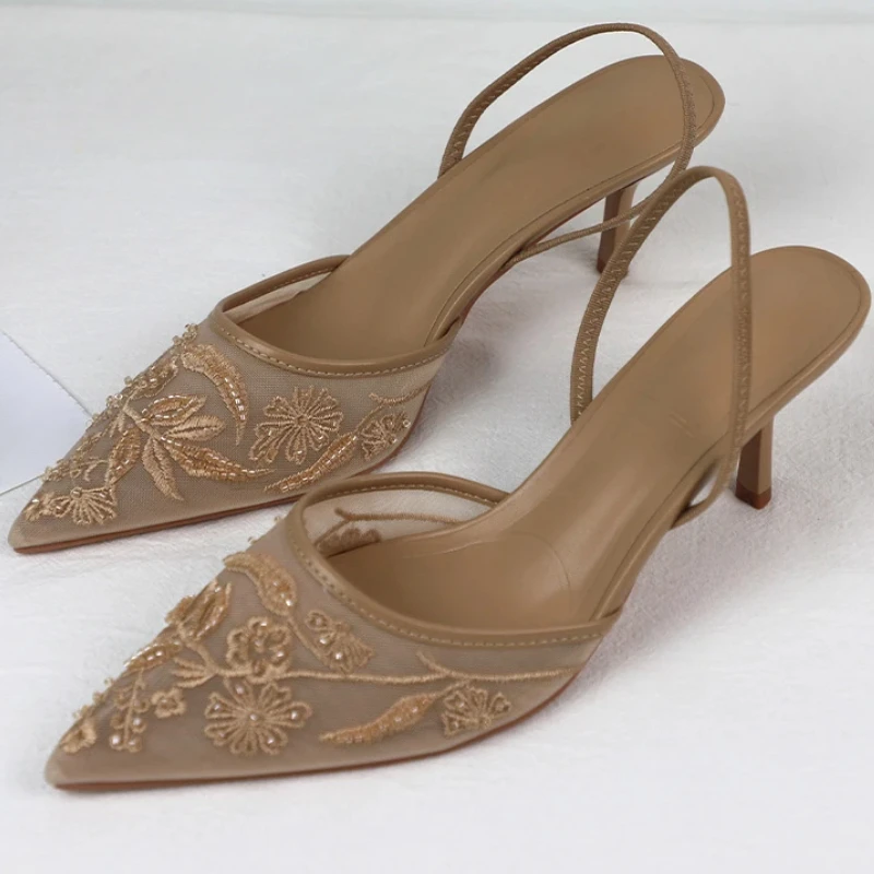 

Сандалии на высоком каблуке с сетчатым носком, женские босоножки из бисера и сетки с вышивкой на пятке, вечерние роскошные брендовые свадебные туфли, женские туфли