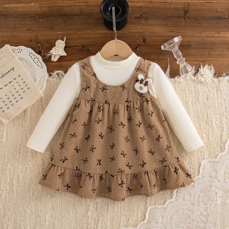 

Girls' Autumn New Style2025Infant and Toddler Fake Two-Piece Dress Long Sleeve Cute Bunny Print Princess Dress