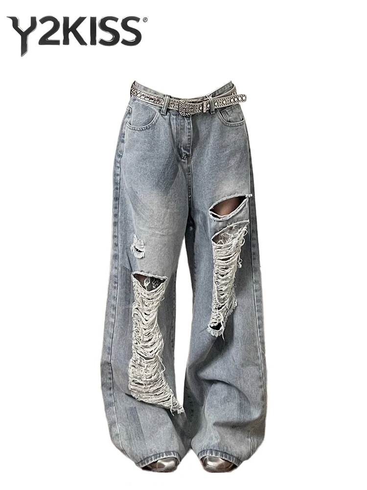 

Summer Women's Baggy Jean Punk Ripped Denim Pants Wide Fit Y2K Japanese Harajuku 2000s American Retro Grunge Tide High Street