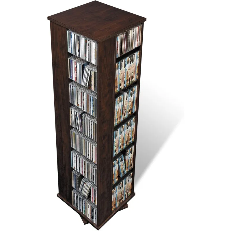 Revolving Display Cabinet Media Storage, Large Four-Sided Spinning Tower, Espresso