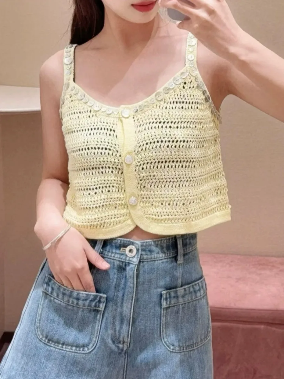 

High-End Version Heavy-Light Sequin Hollow out ort Svel Knitted Wrap Top Women's Summer Vaion Sle Tank Top