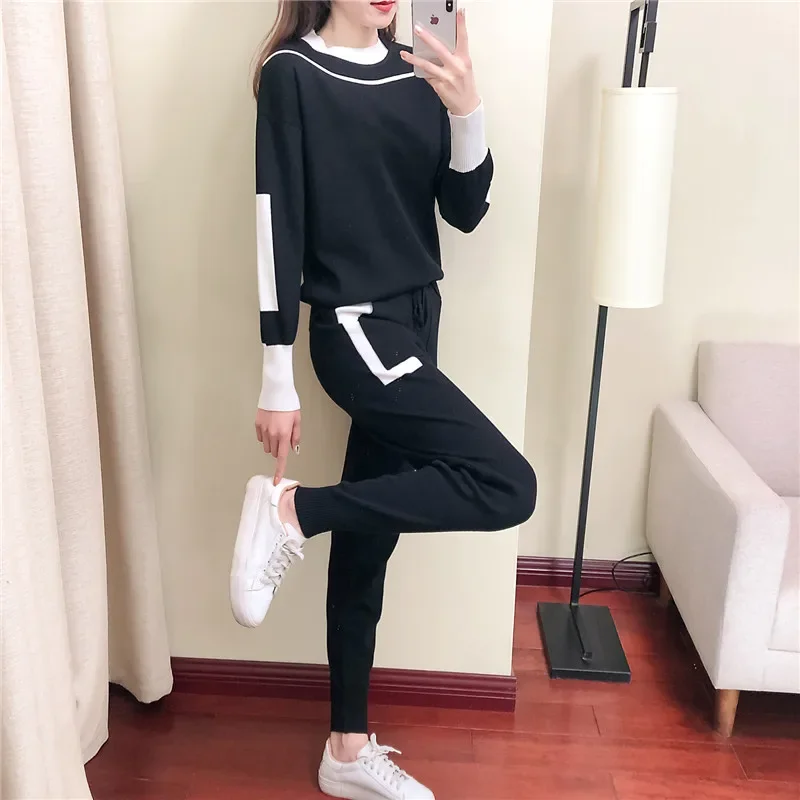 

2023 Autumn Runway 2 Pieces Set Knitted Long Sleeve Pullovers Sweater Casual Patchwork Fashion Women Tops and Pants Suits