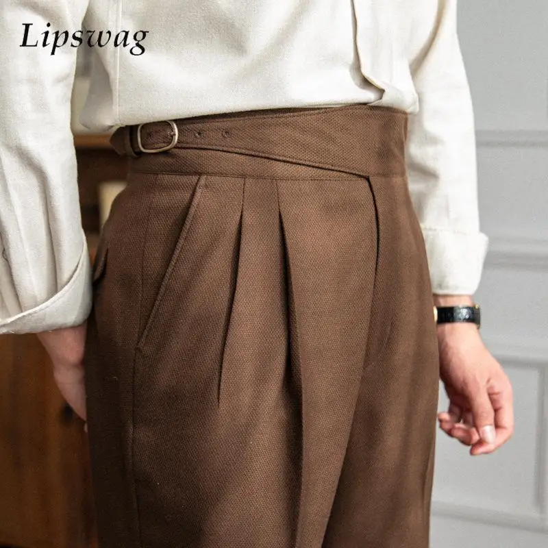 Vintage Lace-up Belted Men's Suit Trousers Office Fashion Men High Waist Pants 2024 Spring Trendy Pure Color Slim Straight Pants