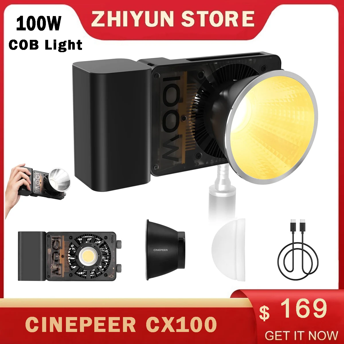 ZHIYUN CINEPEER CX100 100W Handheld COB Light Pocket LED Video Light Bi Color Photo Fill Light Photography Lighting