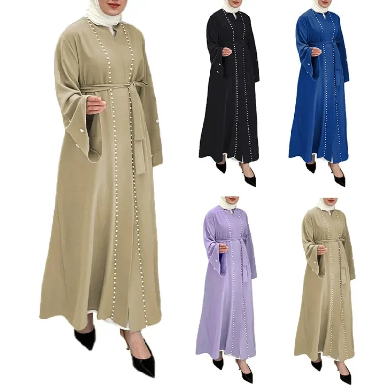 Women Muslim Dress  Arab Open Abaya Flared Sleeve Islamic Clothing Cardigan Inlaid Pearl Stitching Caftan  Robe