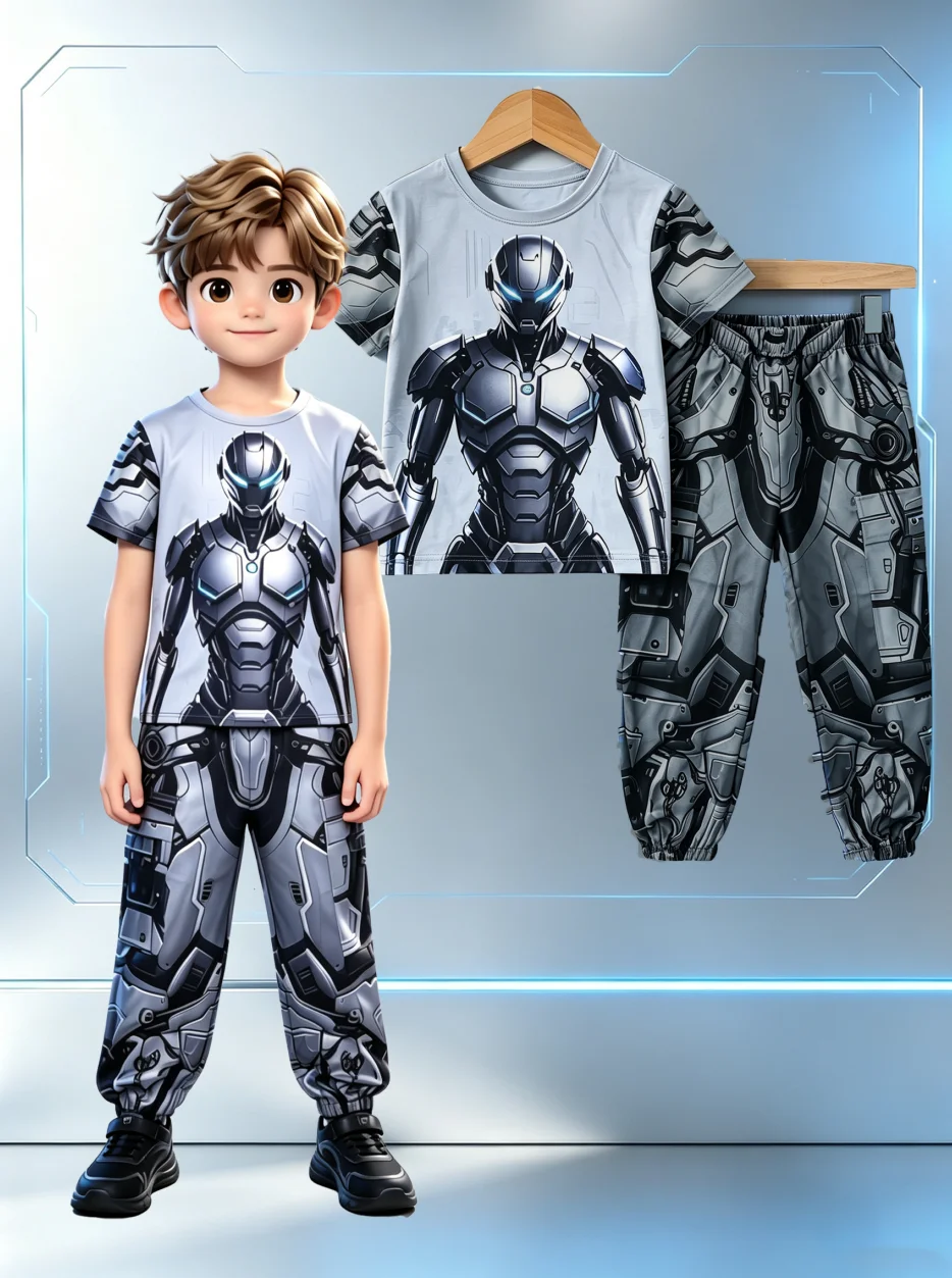 Boys Clothing Sets Cyberpunk Robot T-Shirt Cargo Pants 2Pcs Kids Cool Mecha Tracksuits Children Streetwear Outfits