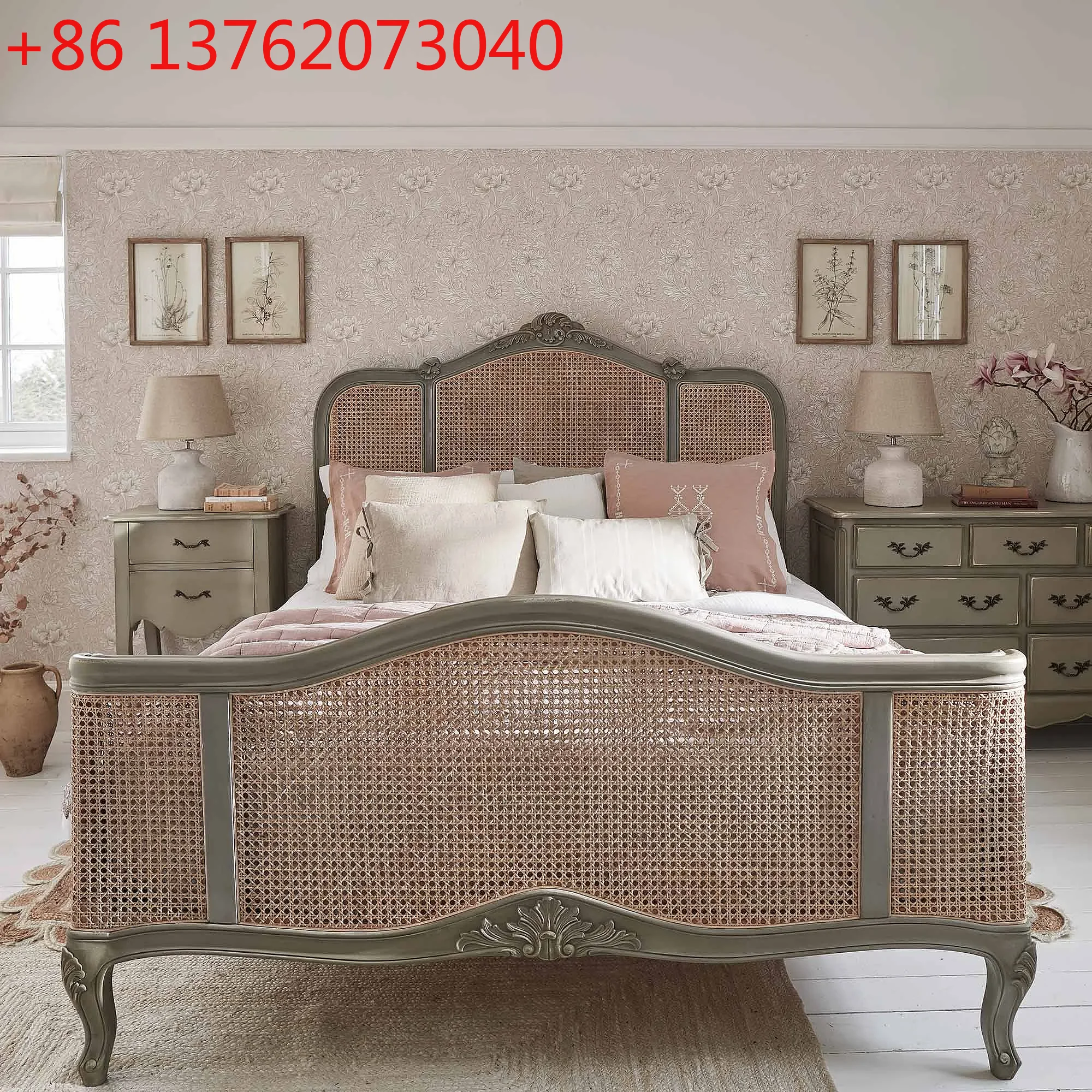 سرير فني من الخشب الصلب العتيق من الخيزران، سرير مزدوج فرنسي بسيط