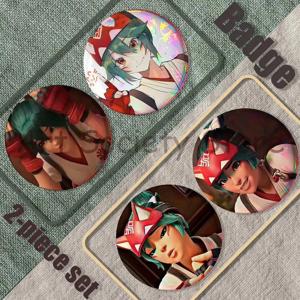 O-Overwatch K-Kiriko Brooches for Backpack Accessories 25,32,44,58,75mm Round Enamel Pins 2-piece set Cartoon Anime Badge