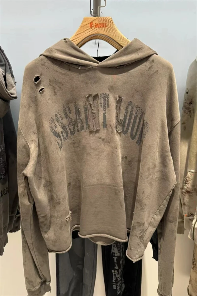 Yıkanmış delik Vintage yıpranmış sıçrama mürekkep Graffiti aziz Hoodie erkekler kadınlar 1:1 etiketleri ile en kaliteli kapşonlu boy kazaklar