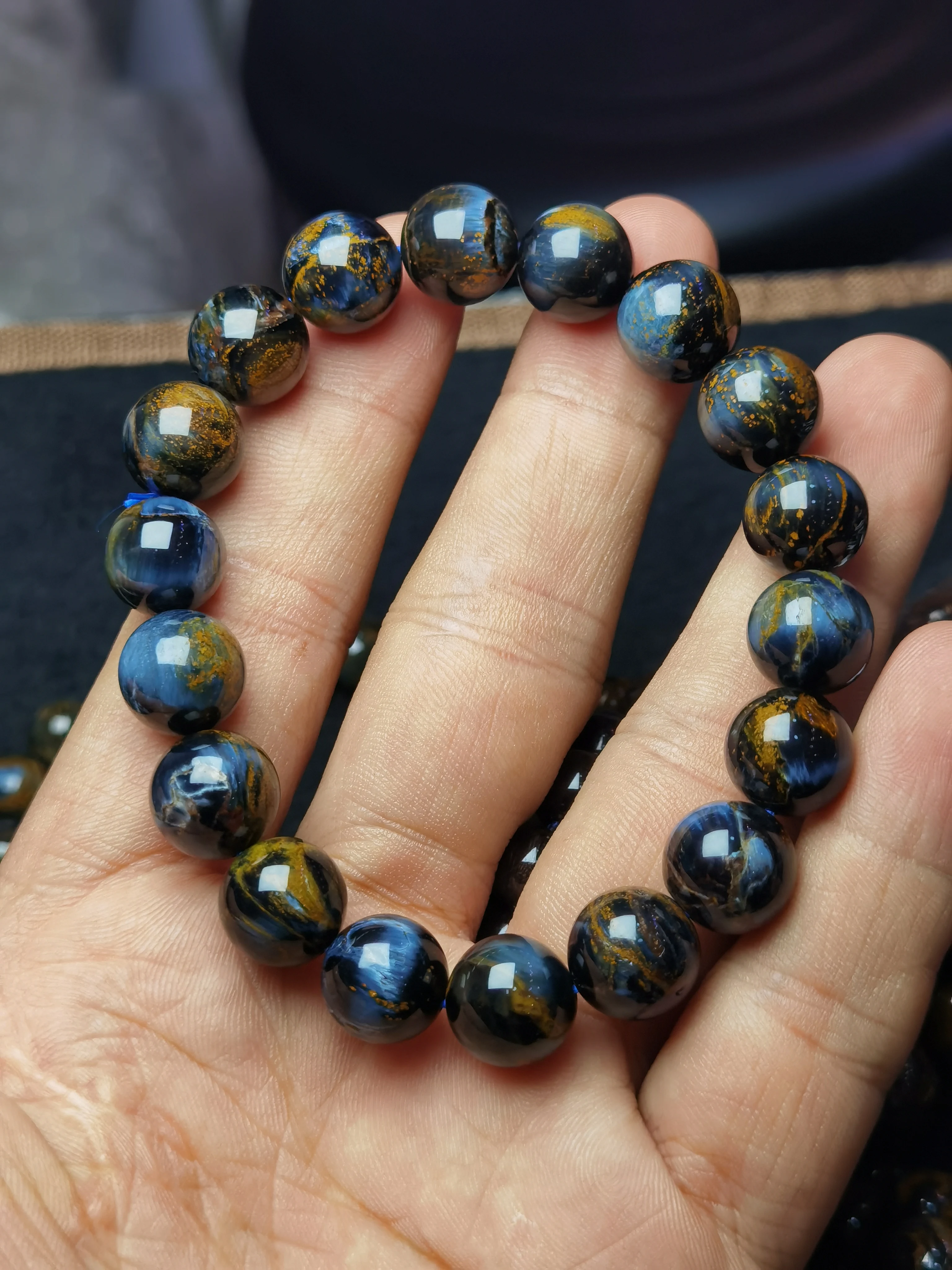 

Genuine Natural Blue Yellow Pietersite Women Men Bracelet Round Beads 11.5mm Chatoyant Cat Eye Namibia AAAAA