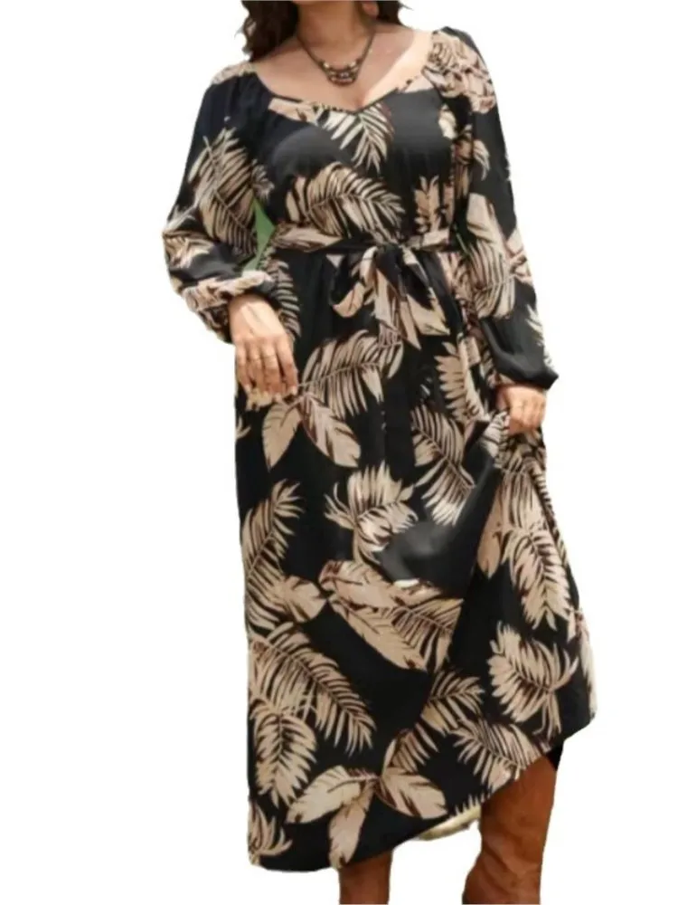 Plus Size Summer Long Dress Women Floral Print Modis Slim High Waist Ladies Dresses Long Sleeve Loose Ruffle Pleated Woman Dress