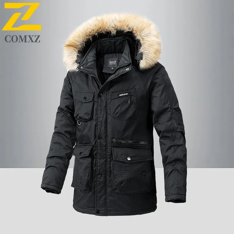 COMXZ 2025 Chaqueta larga de invierno de lana gruesa coreana para hombre estilo americano impermeable y resistente al viento abrigo deportivo de ocio al aire libre