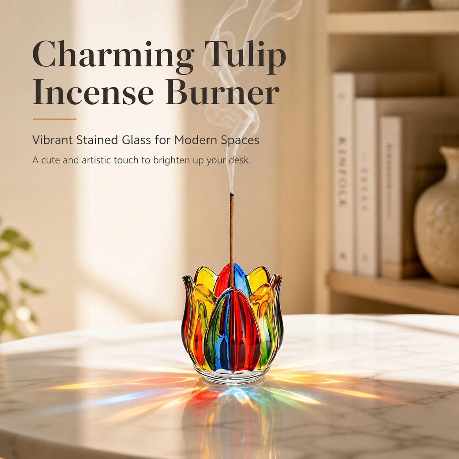 Stained Glass Incense Holder Lotus Tulip Glass Incense Burner with Ash Catcher Tray Incense Stick Holder for Meditation Yoga Spa