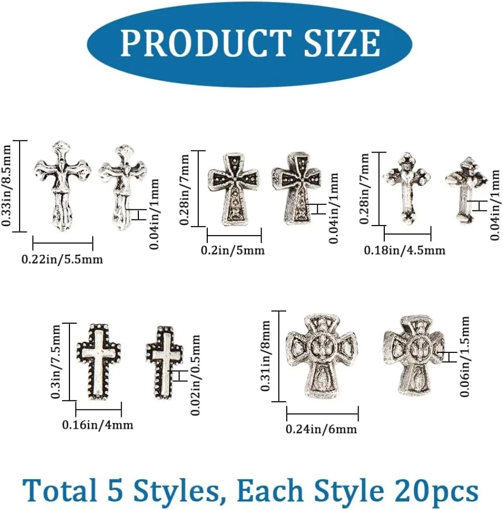 100Pcs Cross Nail Charms for Nails Accessories 5 Style Metal Alloy Silver Flat Nail Gems Set Gothic Vintage making kit