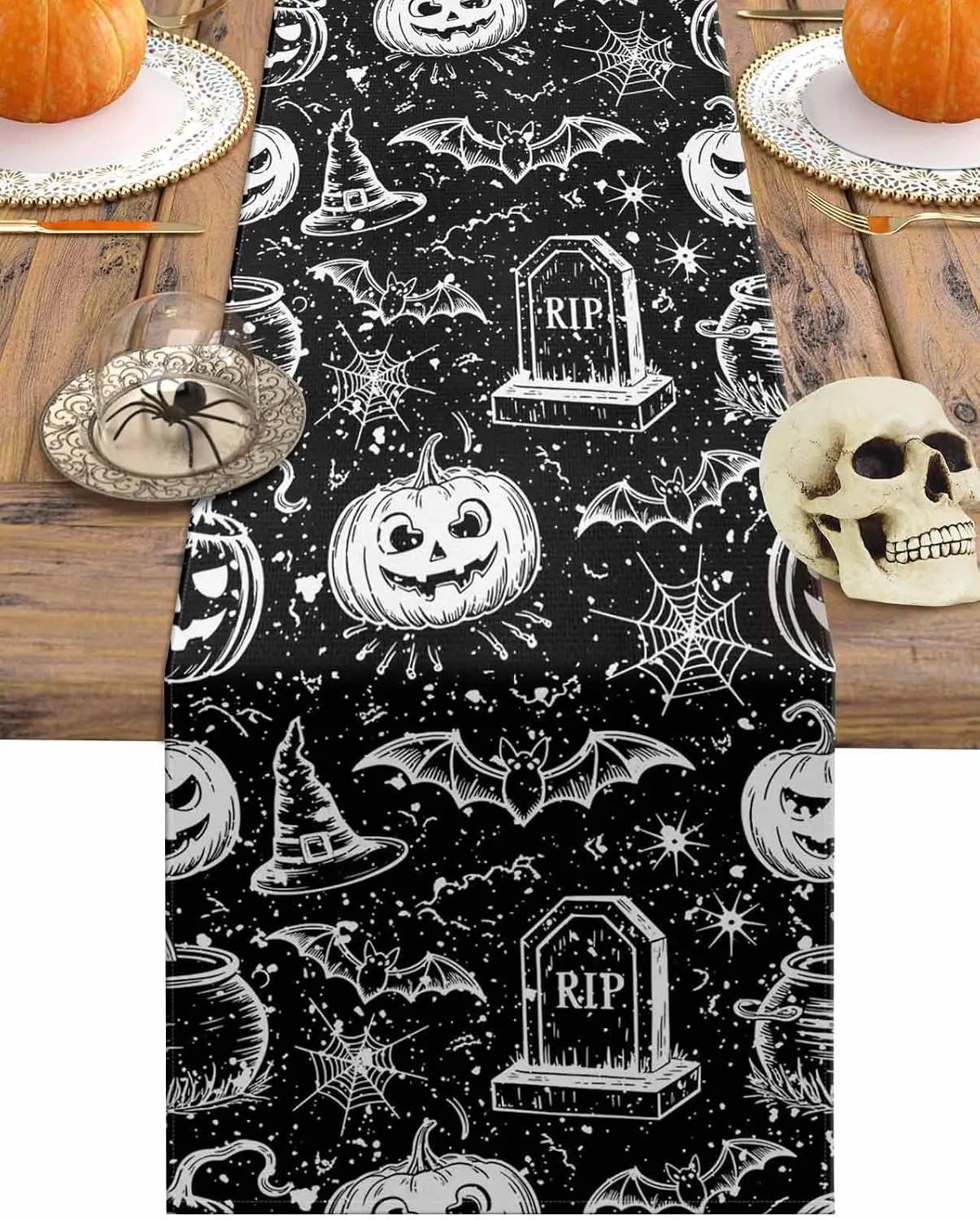 Halloween Pumpkin Witch Hat Bat Cobweb Linen Table Runner Party Decor Reusable Kitchen Dining Table Runner Halloween Decorations