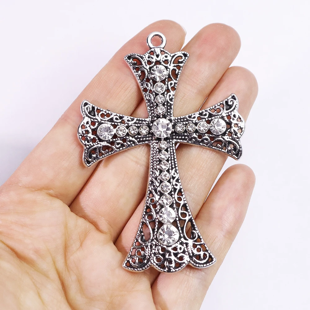2pcs Antique Silvery Crystal Cross Charms Rhinestone Filigree Cross Pendants for DIY Jewelry Making Accessories view 3