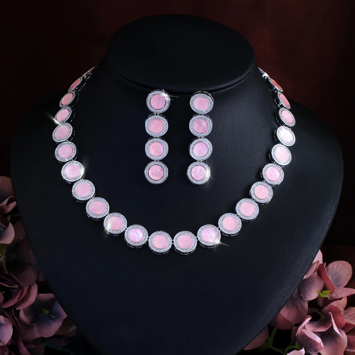 

CWWZircons Classic Oval Shape Chain Jewelry Set With Pink Enamel Zirconia Bridal Wedding Banquet Party Jewellry for Brides T1041