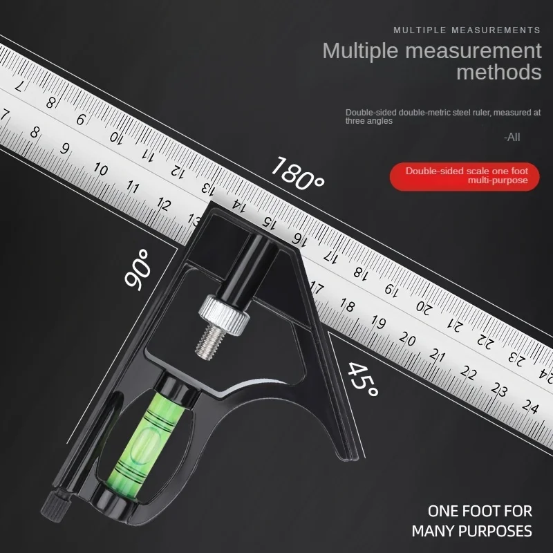 Adjustable Combination Right Angle Ruler 45/90 Degrees with Bubble Level Gauge, Multifunctional Measuring Tool, Measuring Ruler