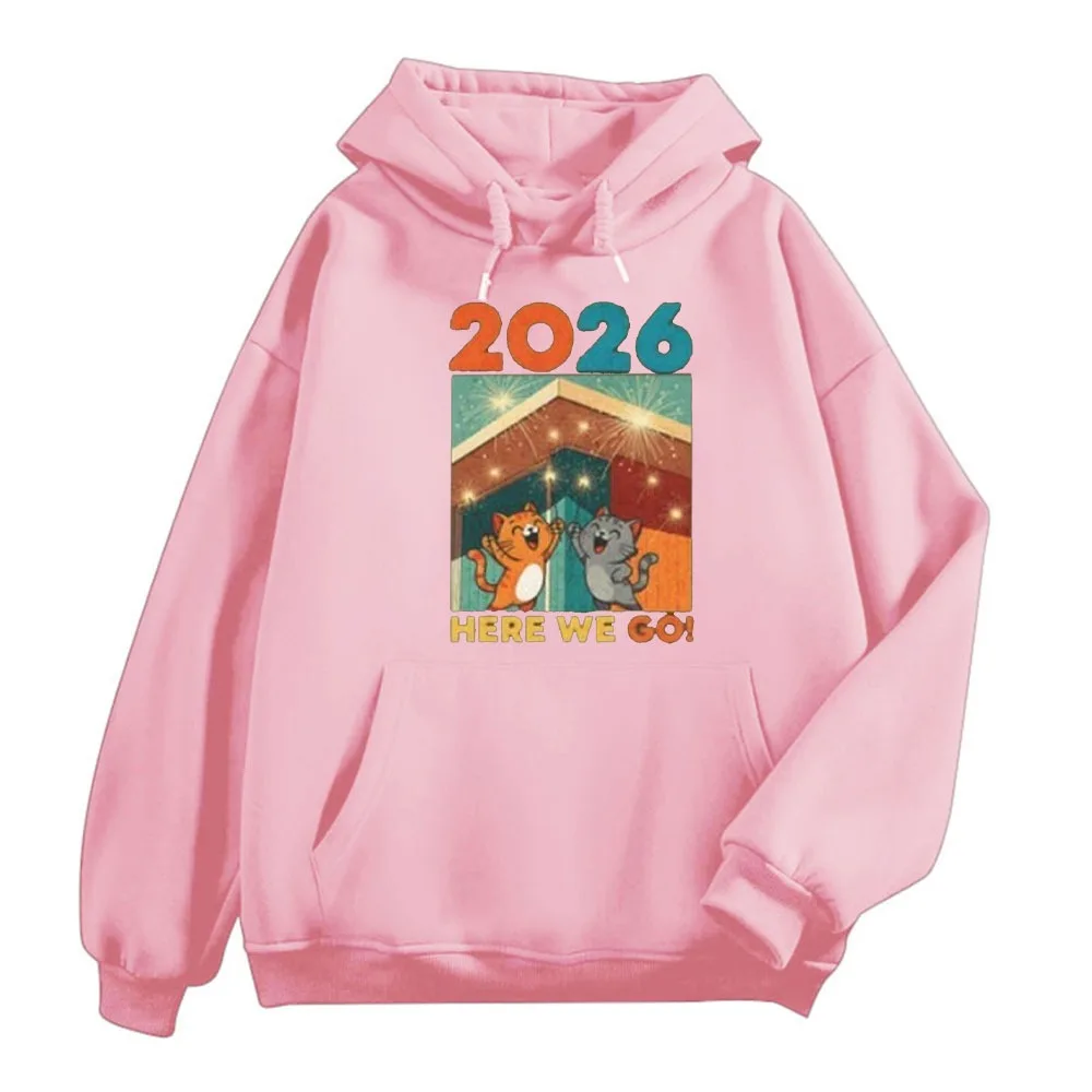 2026 Hier wir gehen! Kapuzenpullover, lustiges Sweatshirt für Freizeitkleidung, Tasche, verstellbarer Kordelzug, Unisex-Trainingsanzug für Damen und Herren