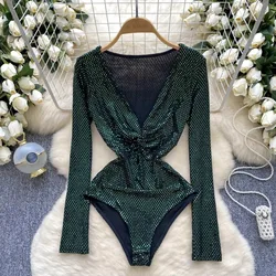 Women Hotsweet Sequin Vintage Twisted Bodysuit Chic V-Neck Basics Long Sleeve Jumpsuits Slim Top Rompers Fashion Autumn Clothing
