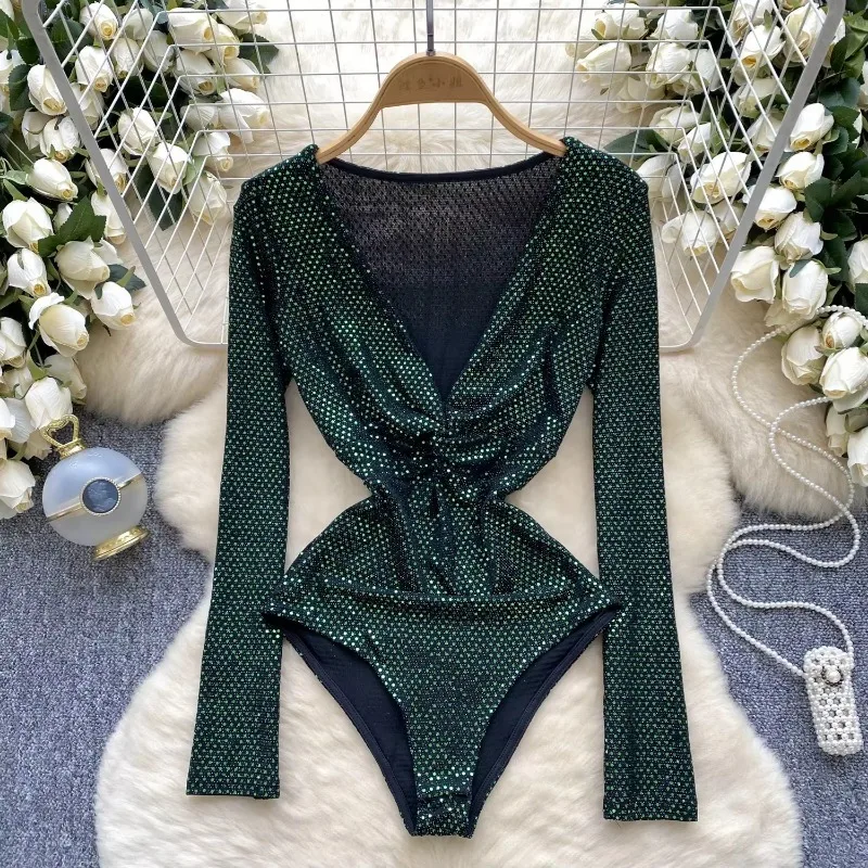Kobiety Hotsweet cekinowe Vintage skręcone body eleganckie dekolt w serek podstawowe kombinezony z długim rękawem wąski top pajacyki moda jesienna odzież