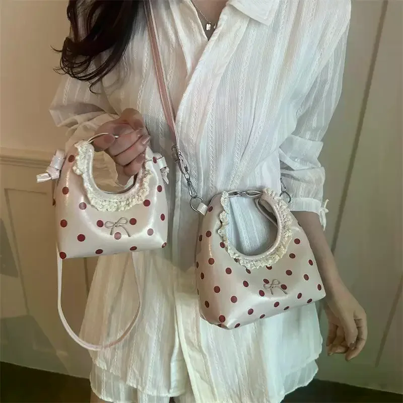 Light Polka Dot PU Leather Bag With Lace Ruffled Handle Cute Bow For Daily Shopping Dating Outings