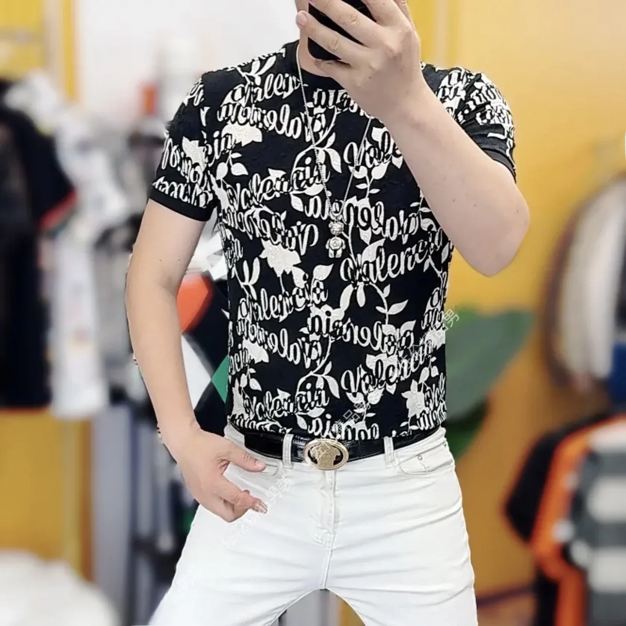 

Мужская футболка из ледяного шелка с цифровым принтом, модная, с круглым вырезом, приталенная, эластичная, с коротким рукавом, дышащая, летняя, новая, молодежная