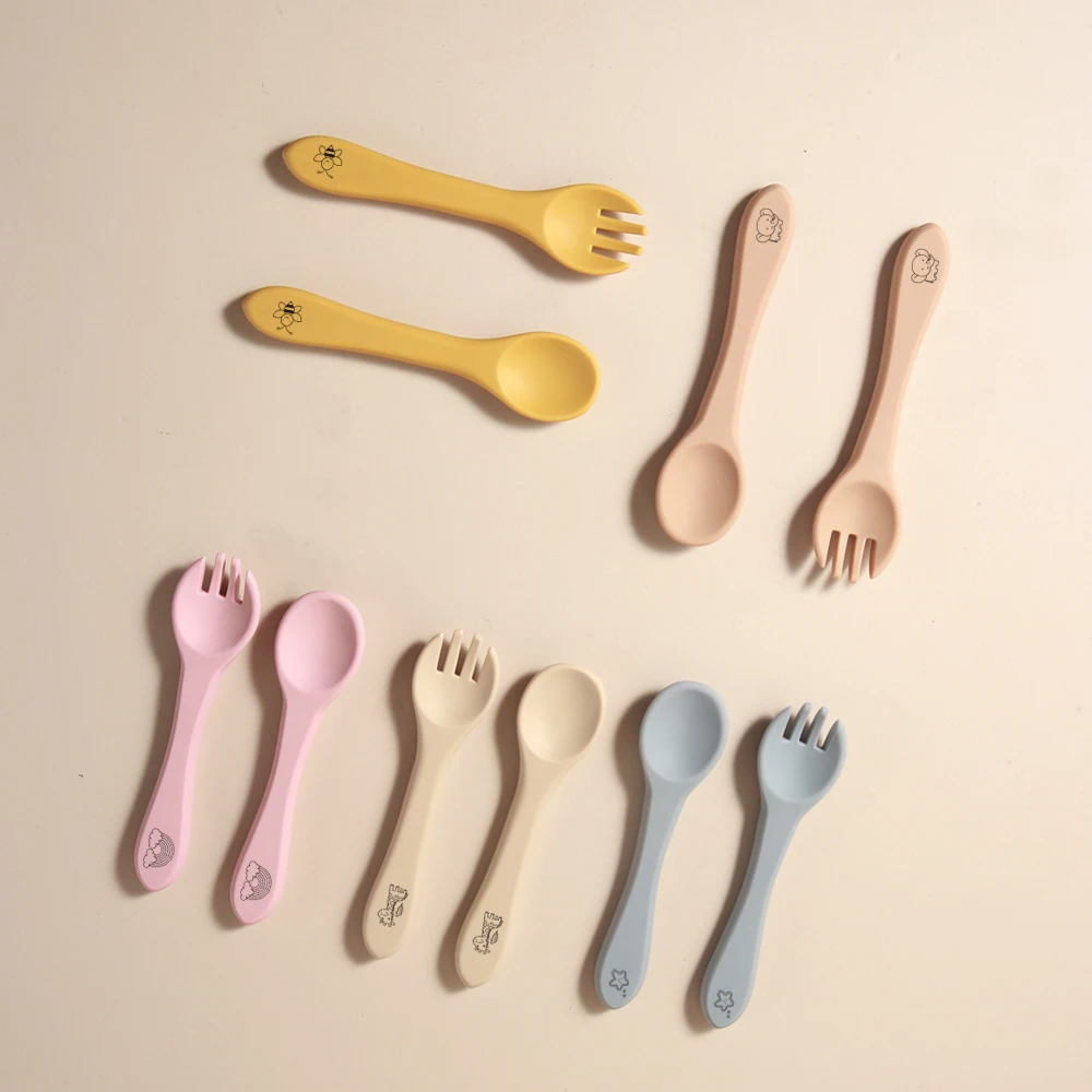 

silicone spoon fork set baby training tableware cute cartoon food grade silicone soft