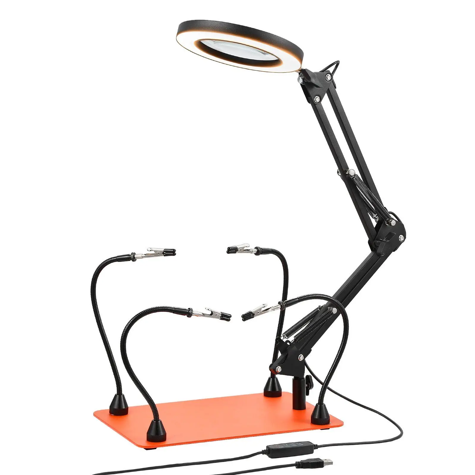 Magnetic 4-Arm Helping Hands with 3X LED Magnifying Glass, Adjustable Lighting Soldering Aid Station Tool