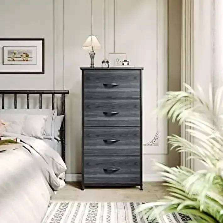 4-Drawer Dresser - Fabric Storage Tower, Organizer Unit for Bedroom, Hallway, Living Room, Fabric Bins, Charcoal Black Wood