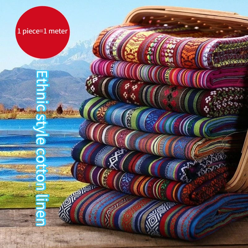 Ethnic Style Jacquard Cotton Linen Fabric Per Meter for Shawls Tablecloth Bag Curtain Pillowcase Sewing Wearable Textile Cloth