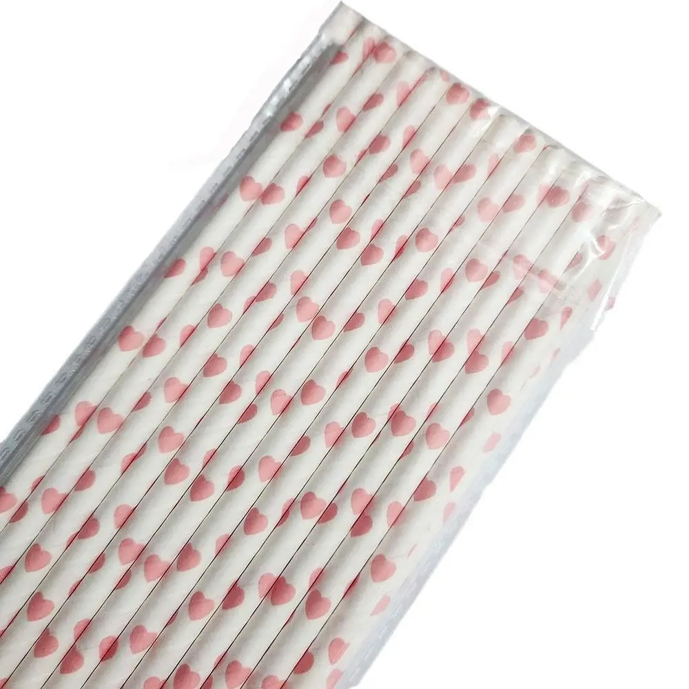 100pcs 3 Colors Disposable Paper Straw Heart Print Multipurpose Beverage Straw Environment Protection Paper Pipette