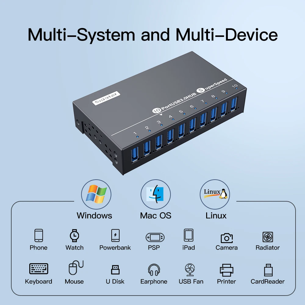 A-103 5Gbps USB3.0 10 Ports Splitter Powered Hub 12V 5A Adapter For External SSD Storage Windows Laptop Desktop